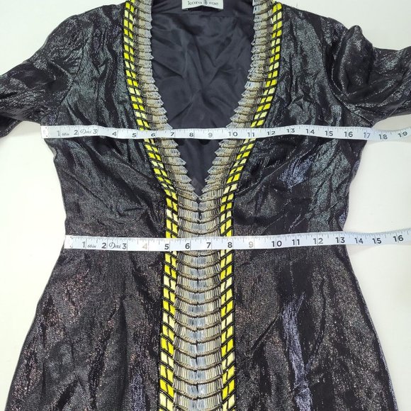 Kora Rae Robe Dress Womens S Embroidered Beaded Zip Front Long Sleeve Black Lame - Picture 8 of 12
